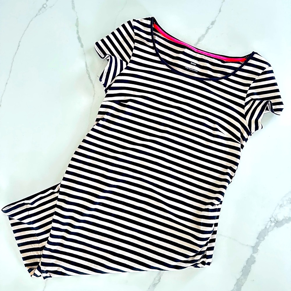 Maternity ~ T-shirt Dress Black & Cream Striped T-Shirt Dress